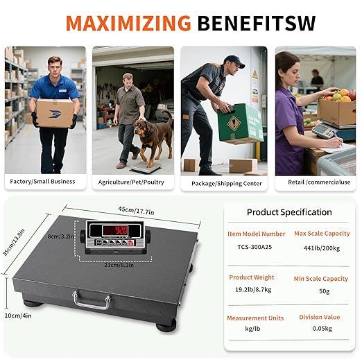 MEIYA Heavy Duty Shipping Scale, 441 lb Industrial Platform Scale for Packages, 0.1 lb Accuracy Postal Scale for Small Business & Warehouse with LB/KG, Counting, Tare & LCD, Lithium Battery & Adapter