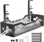 Under Desk Cable Management Tray No Drill, Metal Mesh Cable Management Under Desk with Clamp Mount, 2 Hole Cable Tray with Wire Management and Cord Organizer for Home Office Standing Desk