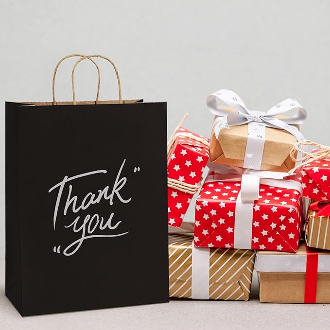 BagDream 13x7x17 Gift Bags 50ct Paper Party Favor Gift Bags, Shopping Retail Merchandise Bags, Recycled Black Kraft Paper Bags with Handles Bulk