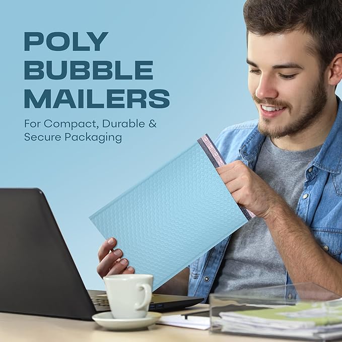 Light Blue 12.5x19.5 Inch Large Poly Bubble Mailers #6 | Padded Envelopes with Self Seal | Air Lined Cushioned Bubble Mailer | Usable Size 12.5x15 | 100 Pack Bulk | Lightweight shipping Bags