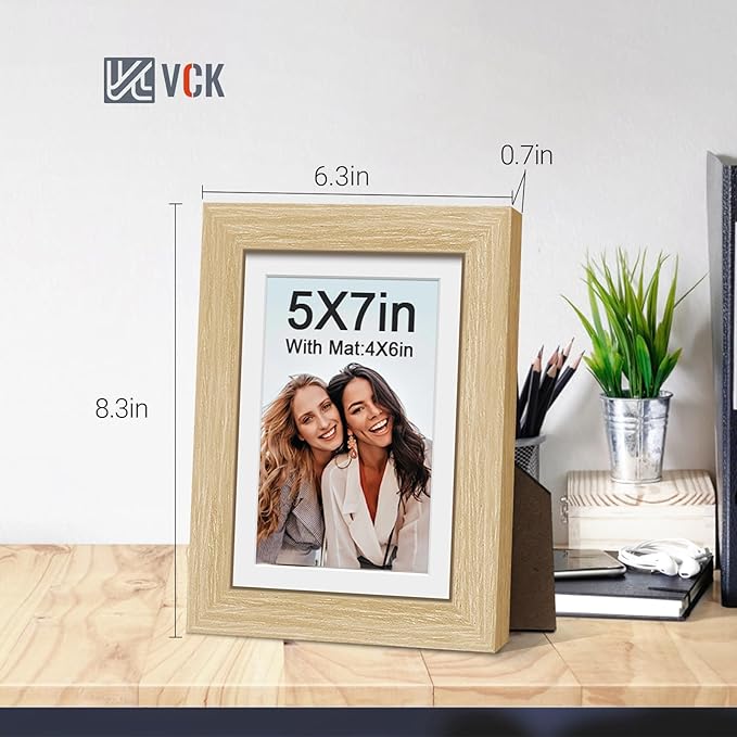 VCK 5x7 Picture Frame 2 Pack - Natural Oak, High-End Wood Poster Frames with Tempered Glass, Display 4x6 Photo with Mat or 5x7 without Mat, Art Gallery-Quality, Wall Hanging/Tabletop, Natural Oak
