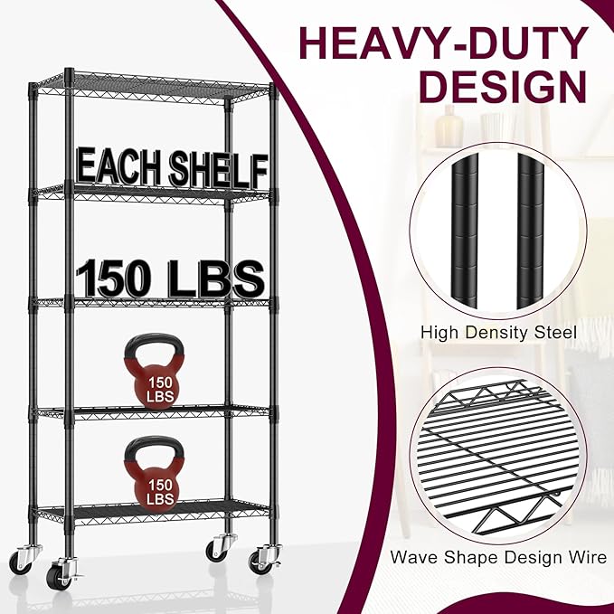 5 Tier Wire Shelving with Wheels Casters, 750 lbs Heavy Duty Storage Shelves Metal Shelving, Rolling Adjustable Shelving Unit Wire Rack for Kitchen, Garage, Pantry 14" D x 30" W x 60" H