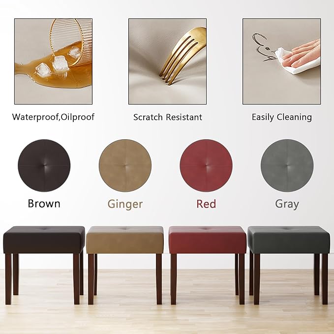 Two Leather Vanity Stools, 18.7 Inch Wide Rectangle Ottoman Bench for Makeup Room, A Set Vanity Chair with Wood Legs for Piano Room, Bedroom,Living Room with Customizable (Cherry)
