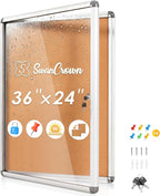 SWANCROWN Enclosed Bulletin Cork Board 36x24 in, Lockable Bulletin Board Tamperproof Wall Display Case for Office School Trade Community, Aluminum Frame