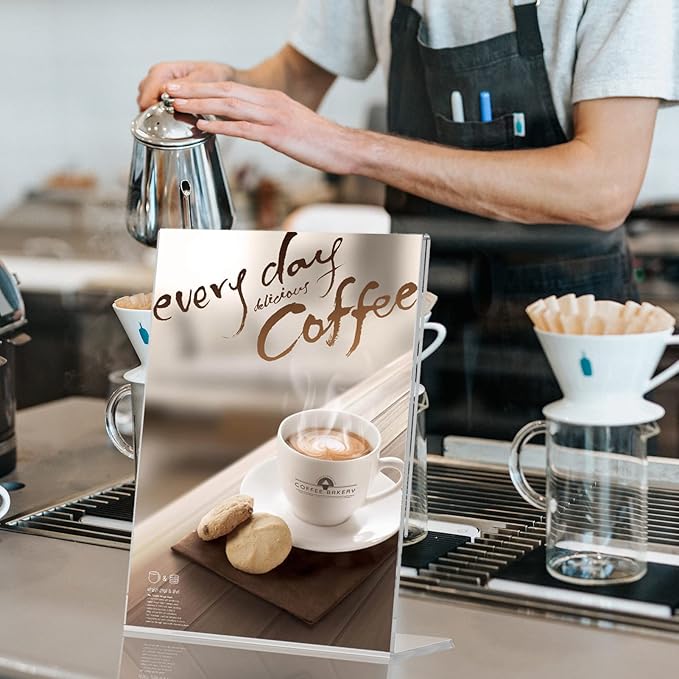 PecMuikee Slant Back Acrylic Sign Holder 8.5 x 11, Clear Picture Photo Frames Display Stand- Freestanding Tabletop Display Stand for Retail, Office, Restaurant , Flyers and Posters (24 Pcs)