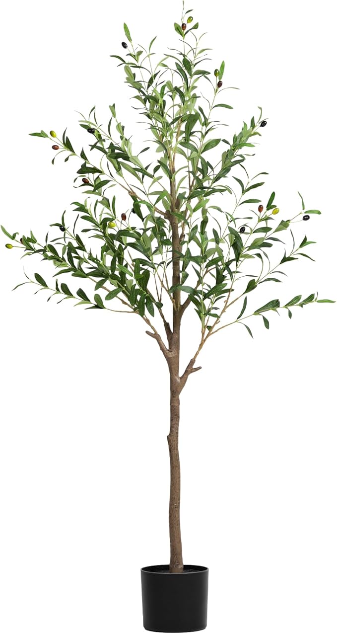 Artificial Olive Tree 5FT, Tall Faux Olive Trees for Indoor Outdoor, Realistic Potted Plant Natural Wood Trunk, Leaves and Fruits for Home Office Decor (1, 5FT)