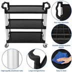 3-Shelf Service Cart，42" Wx20 Dx39 H，360 Lbs Heavy Duty Utility Cart ，Rolling Cart with Lockable 360° Swivel Wheels for Foodservice, Restaurant & Cleaning，Black
