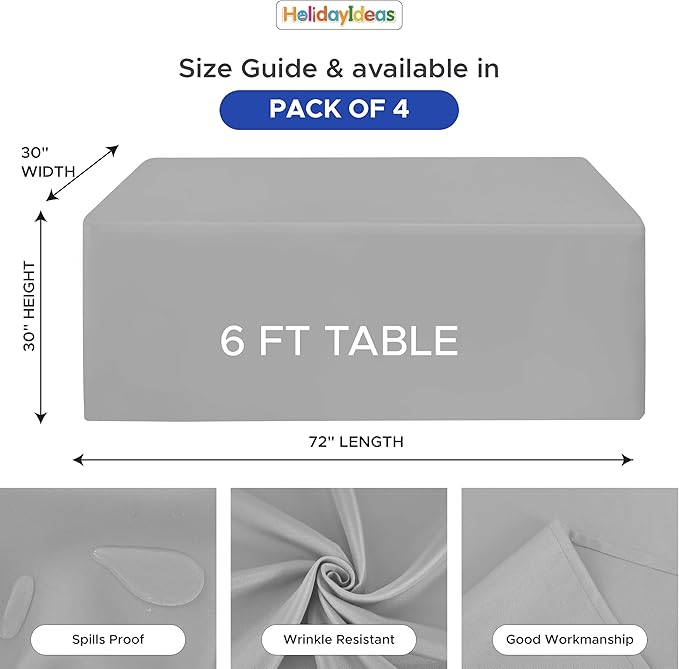 HolidayIdeas Fitted Tablecloths for 6 Foot Rectangle Table, Wrinkle Resistant Washable Table Cover 30x72 Inch for Vendor Booth Display, Banquet, Trade Show, Silver Grey, 4 Pcs