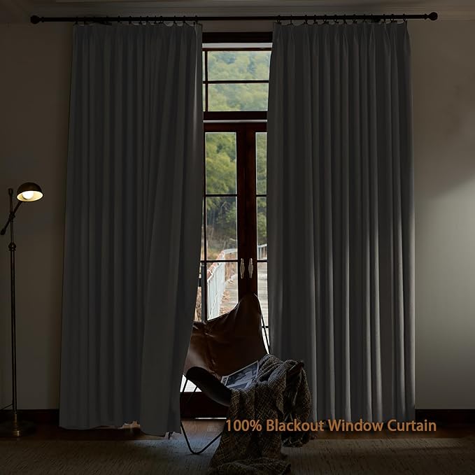 Textured Linen Double Pleated 100% Blackout Curtains for Bedroom/Living Room Blackout Curtains 96 Inches Long, Energy Saving Window Treatment Curtains,100Wx96Lx2,White Beige