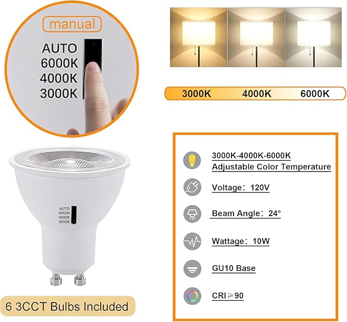 LED White Track Lighting Kit, 3CCT 10W Track Lights 3000K/4000K/6000K Adjustable with 6.56FT H-Type Track Rails 6PCS Ceiling Spotlight Fixture with Replaceable GU10 Bulbs