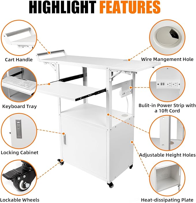 Large Steel AV Cart with Wheels and Drop Leaves, Height Adjustable AV Cart with Locking Cabinet and Power Strips, Rolling Computer Workstation with Pullout Keyboard Tray for Office & Classroom