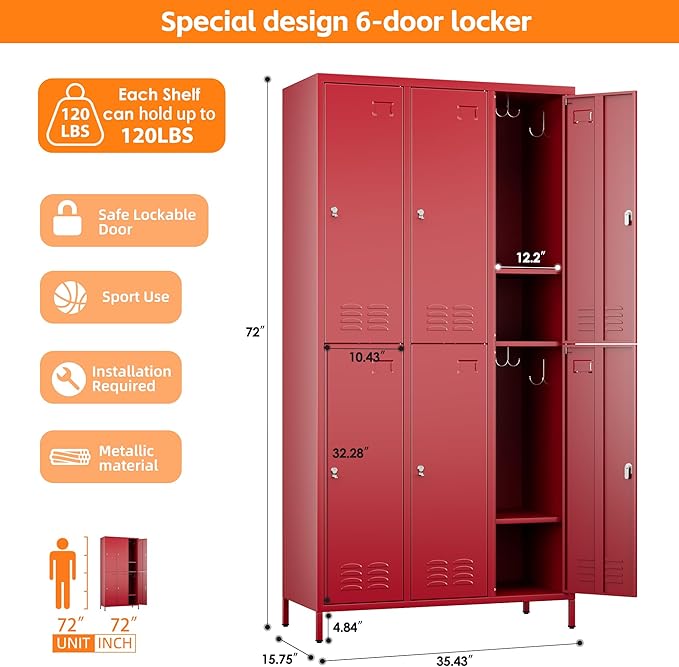 Aobabo Metal Locker for Employees, 6 Doors Metal Locker Cabinet with Lock, Industrial Storage with 18 Hooks, Storage for Home, Office, Gym, Assembly Required, Red