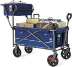 EVER ADVANCED Collapsible Push & Pull Shopping Cart with Wheels & Brakes, Foldable Wagon for Groceries with Practical Basket, Side Pockets & Cup Holders, Beach Utility Rolling Cart for Camping, Blue