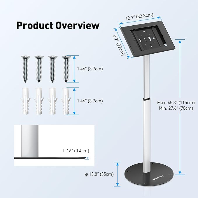AboveTEK Anti Theft iPad Floor Stand, Robust Security Kiosk POS Tablet Stand, Height Adjustable Secure Holder Enclosure w/Lock and Key Mechanism for iPads/iPad Air/iPads Pro, Ideal for Retail Business