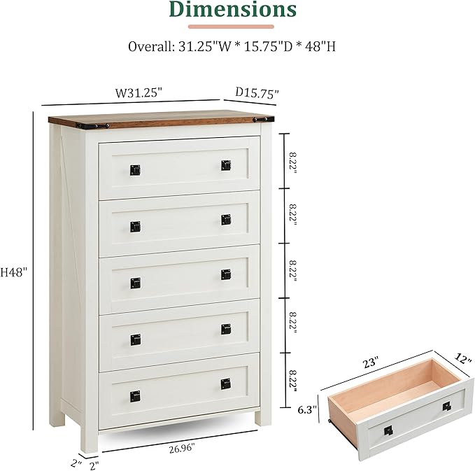 RedLemon Farmhouse 5 Drawer Dresser, 48" Tall Rustic Chest of Drawers, Wood Dresser for Bedroom, Living Room, Hallway, Antique White