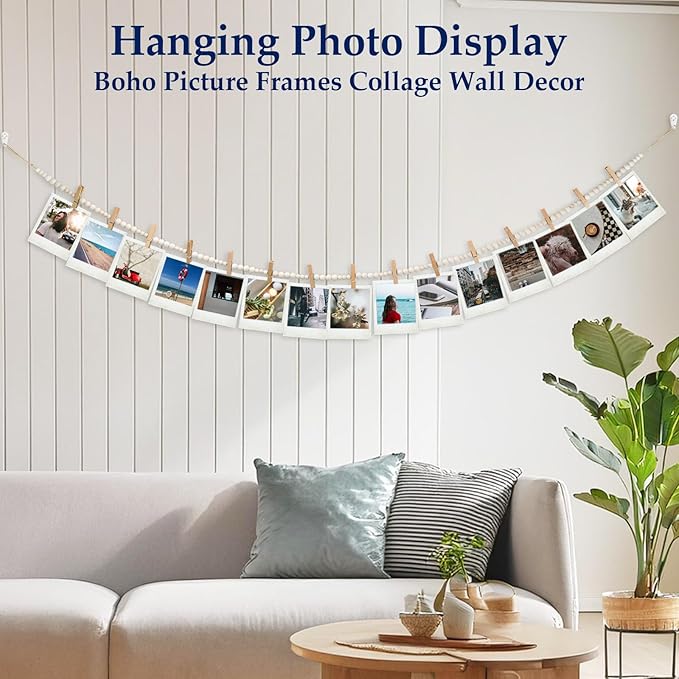 Hanging Photo Display Wall Decor with 15 Wood Clips, YuanDe 67 Inches Boho Wooden Bead Garland Collage Picture Frame Photos String DIY, Photo Hanger for Bedroom Office Dorm Room Decor Gifts(1PCS)