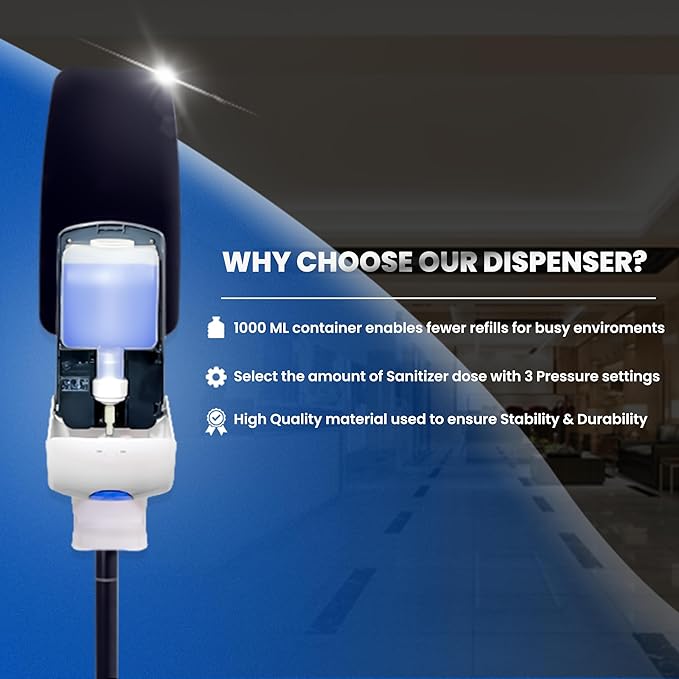 Kingdom Elite Series Automatic Touchless Hand Sanitizer Dispenser with Three Adjustable Dosage Settings Plus a Black Metal and Plastic Stand (Plain/Non-Personalized)