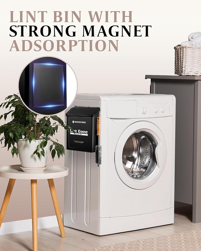 COZYCOTTAGE Magnetic Lint Bin for Laundry Room Organization and Storage With Brush & Hooks - Wall Mounted Dryer Lint Trash Can for Laundry Room Decor (Black)