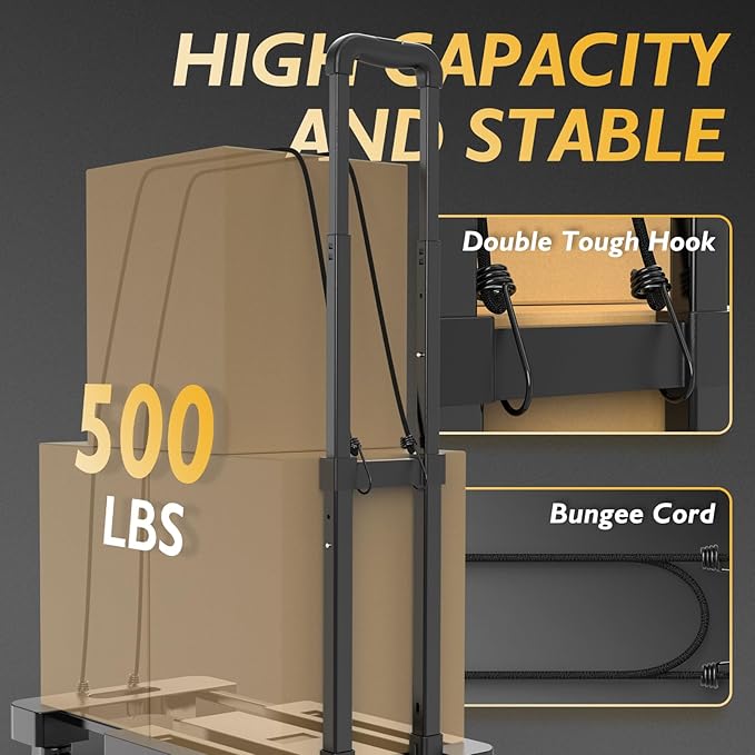 TOOLIOM Folding Hand Truck, 500 lbs Heavy Duty Foldable Luggage Cart with 6 Wheels & 2 Elastic Ropes, Portable Collapsible Dolly Cart with Extendable Base