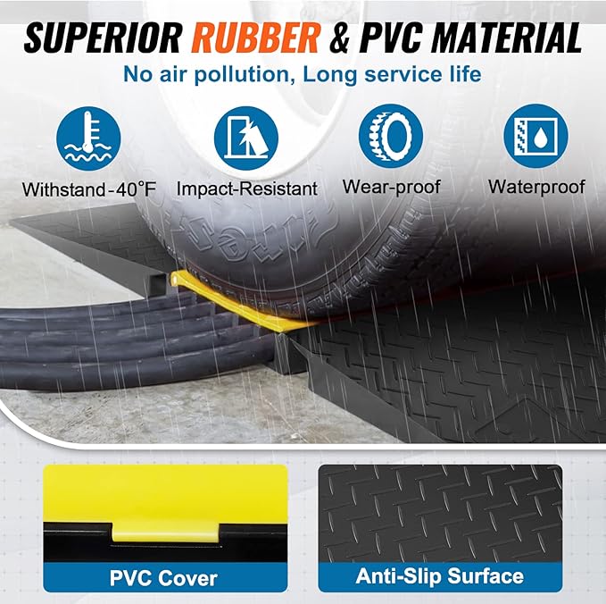 VEVOR 5 Channel Rubber Cable Protector Ramp, Heavy Duty 22000 lbs/axle Capacity Wire Hose Cord Cover Ramp, ADA Compliant Driveway Road Hump, Traffic Speed Bump w/Flip-Open Top Cover