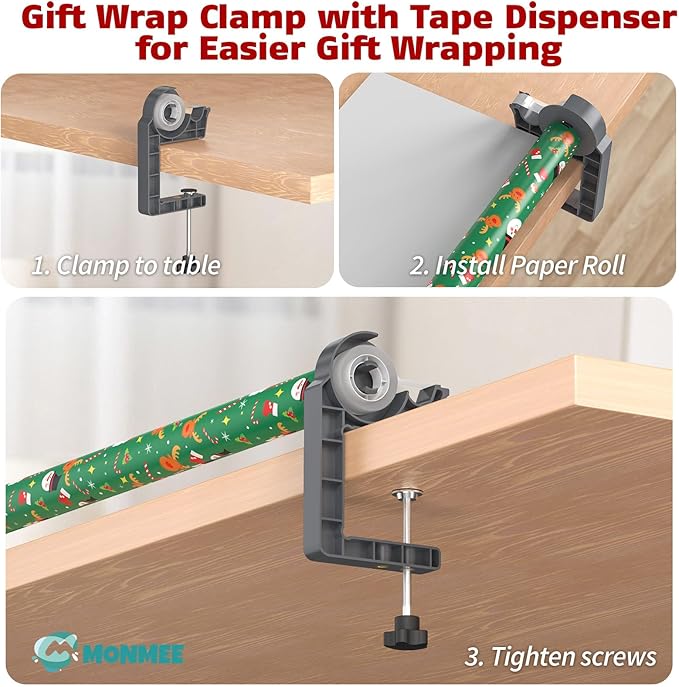 Tabletop Gift Wrapping Tool with Tape Dispenser–2 Pack Adjustable Wrapping Paper Table Clamps with 2 Tapes–Perfect for Christmas, Holidays, and Crafting