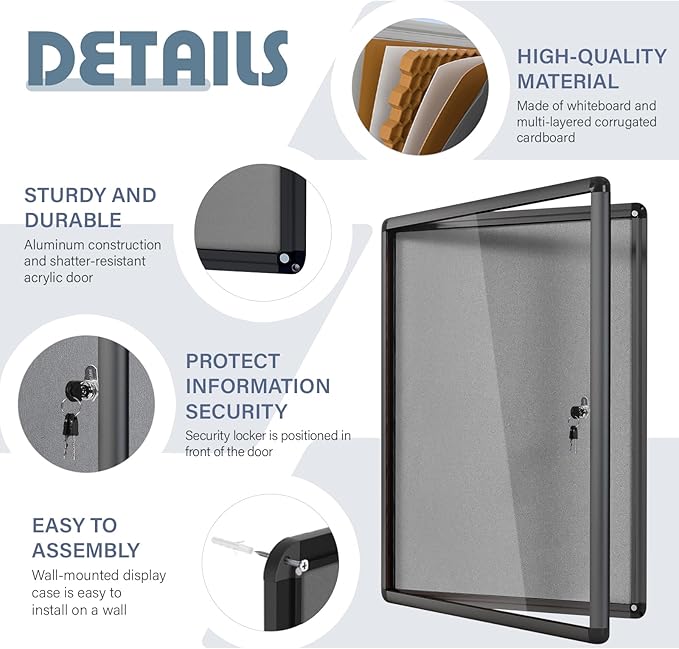 Enclosed Bulletin Board 36x24 in, Lockable Felt Board Bulletin Board for Office School Home Commercial, Tamperproof and Shatter Resistant, Black Aluminum Frame, Grey Felt