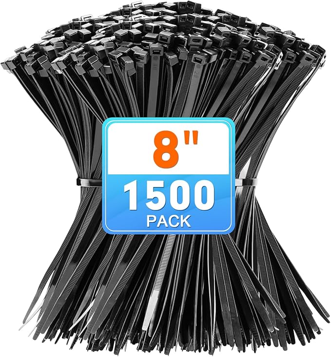 Zip Ties, KAMOTA 1500pcs 8 Inch Heavy Duty Self-Locking Nylon Zip Ties, Black Cable Ties with 50lb Tensile Strength, UV Resistant Cable Tie for Indoor and Outdoor Use