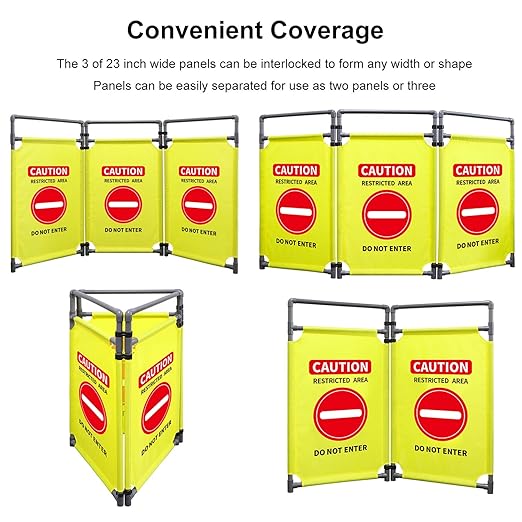3 Panels Safety Barricade 5.8FT Foldable Security Sign Barrier Gate with Heavy Duty PVC Frame High Visibility Caution Symbol Crowd Control Restricted Area Pedestrian Barricade DO NOT Enter Yellow