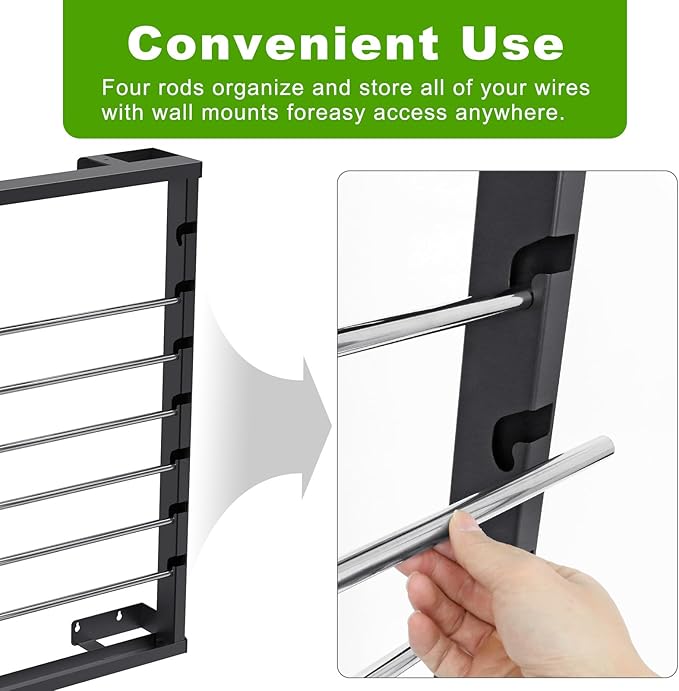 SELEWARE Heavy Duty Wall-Mounted Wire Spool Rack – Cable Reel Holder and Dispenser with 6 Adjustable Stainless Steel Rods for Industrial, Electrical, and Retail Storage and Display (Black)