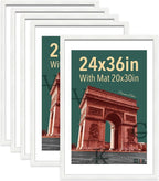 VCK 24x36 Poster Frame 5 Pack - with Mat 20x30, White Solid Wood Picture Frame with Textured Exclusive, Horizontal and Vertical Formats with Included Hanging Hardware