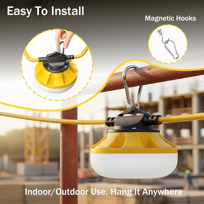 50FT LED Construction String Lights, 5 Bulbs Waterproof Linkable Industrial String Work Lights & Hooks, 5000K Daylight Temporary Lighting for Jobsite Attic Cralspace