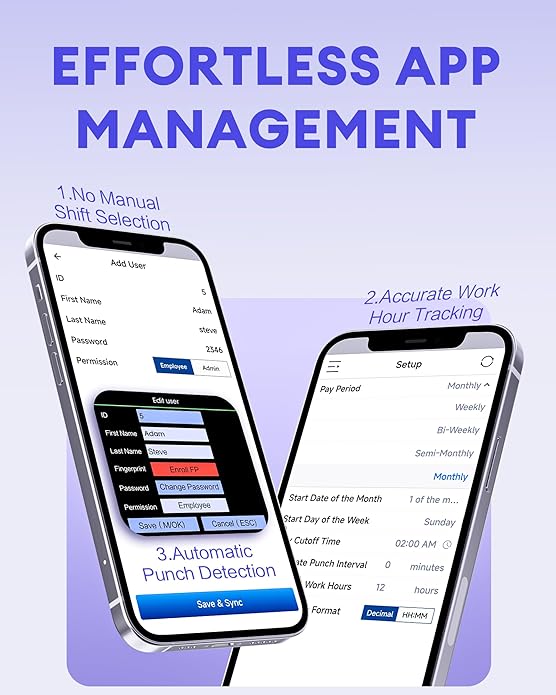NGTeco APP-Based Time Clock, 2-in-1 Fingerprint Time Clock for Employees Small Business with Auto Punch & Mobile App, Battery Backup, 2.4GHz WiFi, iOS/Android Sync, No Monthly Fee
