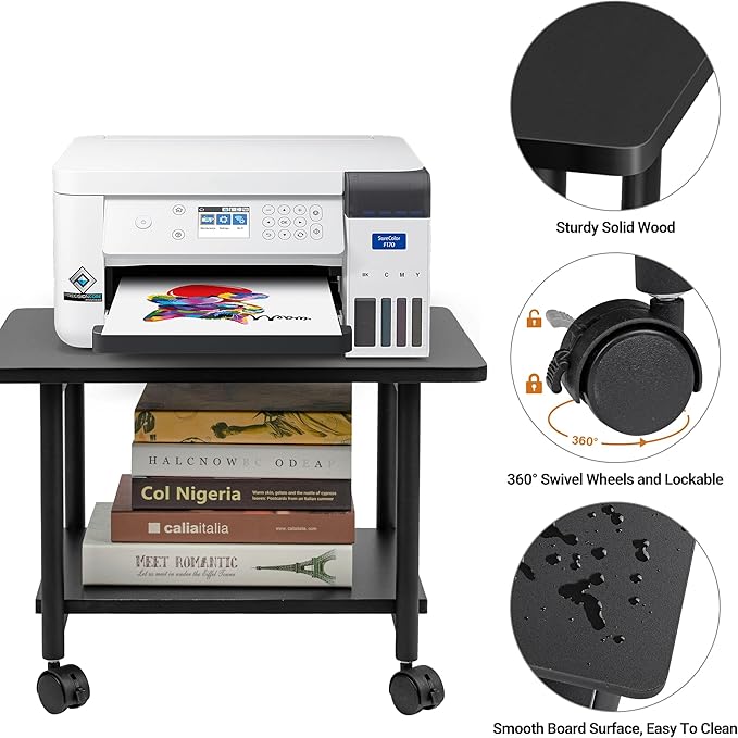 Under Desk Printer Stand - 2-Tier Industrial Mobile Printer Table with Storage Shelf, Heavy Duty Wood Rolling Printer Cart with Wheels for Home and Office,Classic Black