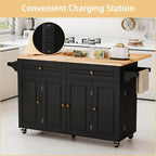 59’’ Rolling Kitchen Island Cart with Drop Leaf and Power Outlet, Movable Kitchen Islands with 3-Tier Door Storage Shelf, Island Table on Wheels, 2 Large Drawers, Towel Racks, Black