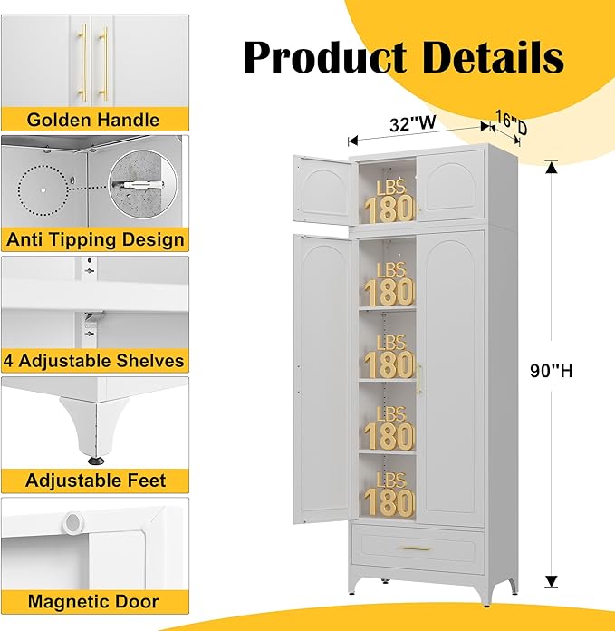 Kitchen Pantry Cabinet，90" Storage Cabinets with Doors and Shelves,Metal Pantry Cabinet with Drawers,White Kitchen Cupboard for Livingroom,Pantry, Bathroom