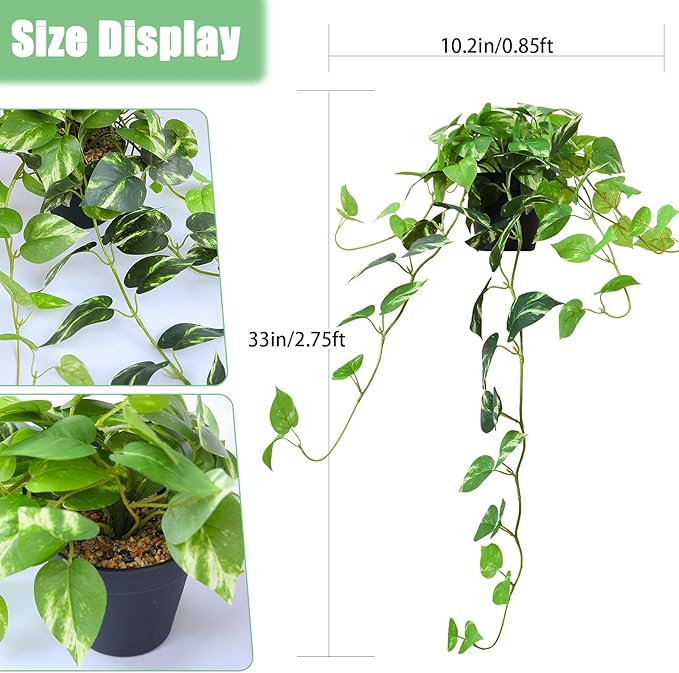Fake Pothos Hanging Plants, 33" Artificial Hanging Plant, Faux Pothos Vines Hanging Plant Greenery for Home Living Room Indoor Outdoor Decor