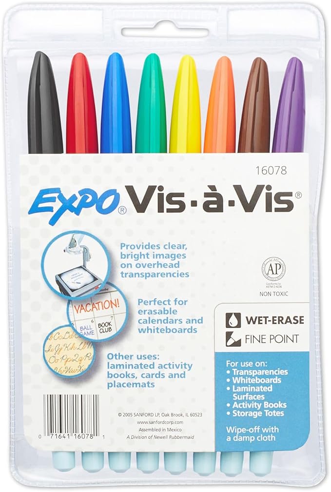 EXPO Wet Erase Markers, Semi-Permanent, Assorted Colors, Ultra Fine Tip, 8 Count - For Writing on Glass, Whiteboards, Mirrors, Calendar, Labeling, Organizing
