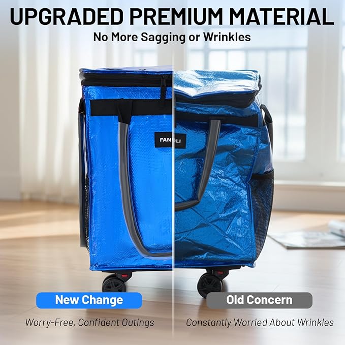 (Large) Fanwoli Reusable Grocery Bag on Wheels with Upgraded Wrinkle-Resistant Fabric | Enhanced Stability Wheels & Extended Handle | Foldable Shopping Trolley for Laundry, Carries Up to 130 L