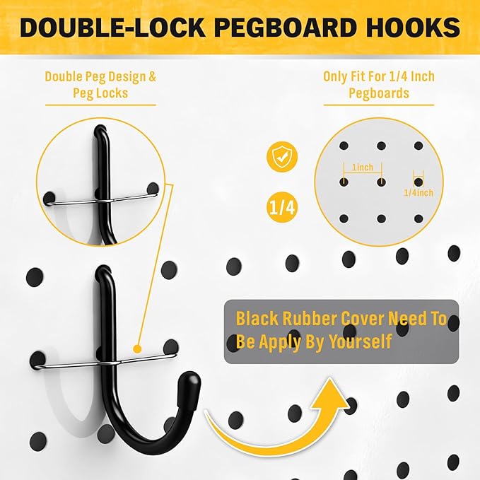 ELEAD 200-Piece Extra Thick Pegboard Hooks Set, 1/4" Heavy Duty Black Peg Board Organizer Accessories, Metal Pegboard Accessories with Pegs Lock, Peg Board Hooks for Hanging