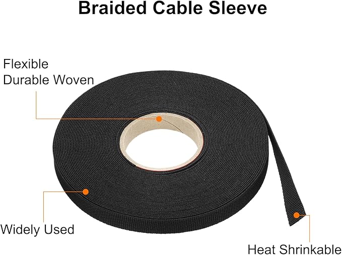 MECCANIXITY Braided Cable Sleeves Heat Shrinkable Fabric Sleeving, 3/8" 60ft Black 2:1 Ratio Heat Shrinkable Cord Protector for Harness Cable, Network Cable Protection, Cable Management