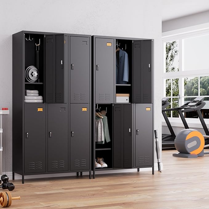Aobabo Combination Lock Metal Storage Locker for Employees, 6 Doors Lockable Storage Locker with 18 Hooks for Office Gym School, Black, Assembly Required