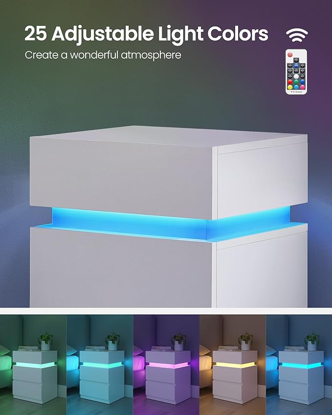 VASAGLE Nightstands with LED Lights, Set of 2, Adjustable Light Colors, Bedside Tables, Side Tables with 3 Drawers, Modern Style, 13.8 x 15.7 x 21.7 Inches, Cloud White ULET799T12