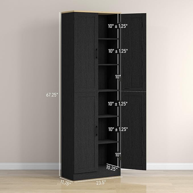 HOMCOM 67" Freestanding Kitchen Pantry, 4-Door Storage Cabinet Organizer with Adjustable Shelves, Kitchen Cabinet with Doors and Shelves, Distressed Black