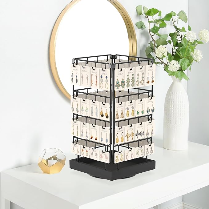 EsLuker.ly Rotating Earring Display Holder Stand for Vendors Events Selling, Large Capacity 64 Hooks Jewelry Rack with Wooden Base for Earring Card Sales, Enhances Retail Visibility