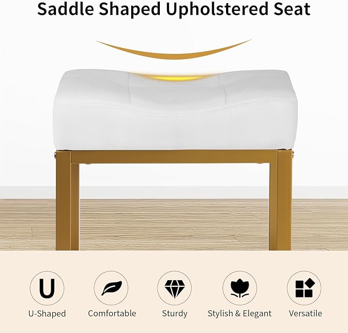 Saddle Seat Vanity Stool, Makeup Stool Chair with Metal Leg, U-Shaped Ottoman Foot Rest Stool, Small Square Chairs Under Desk for Vanity, Living Room, Bedroom, Modern Makeup Bench Linen White&Gold