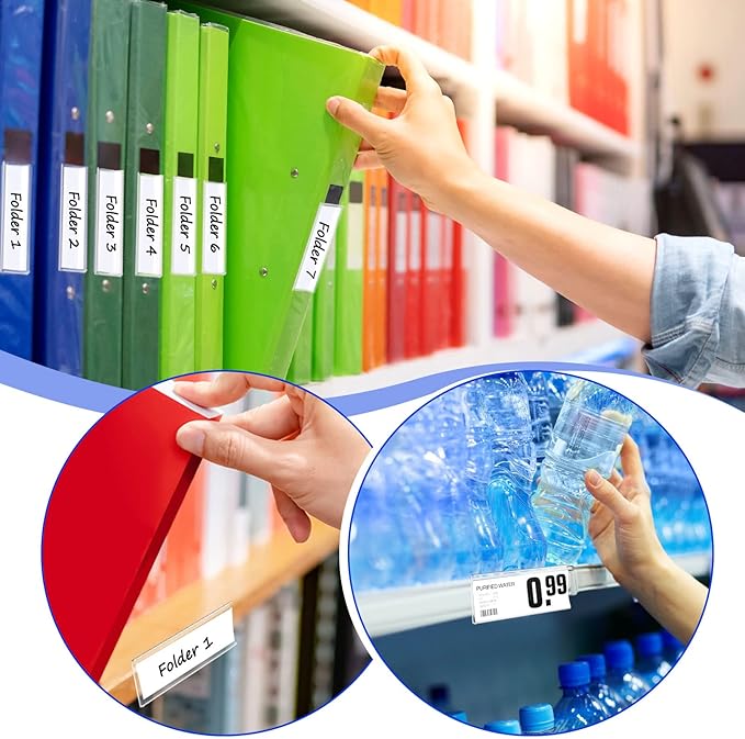 Yexiya 150 Pieces 3 x 1 Inch Label Holder Self Adhesive Clear Plastic Shelf Tag Sticking Price Label Holders with Paper Inserts Bulk for Supermarket School Library Bookshelves Mailbox Storage Bins