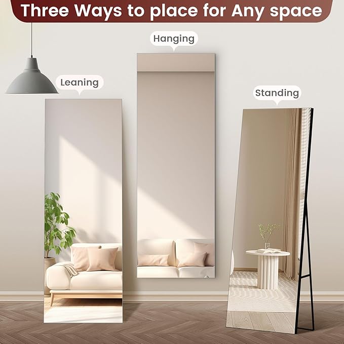 Kosmonia 64x21 Frameless Full Length Silver Coating Mirror w/Distortion Free, HD Reflection &Anti Desilvering, Tempered Glass & Shatter Proof Film Doubling Safety, Easy Setup w/Stand, Wall/Standing