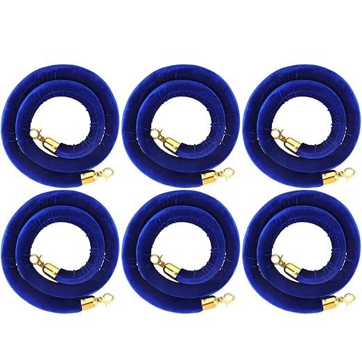 Woanger 6 Pack Velvet Stanchion Rope, 5 Feet Crowd Control Stanchion Ropes Safety Barrier with Gold Plated Hook for Carpet Events Movie Theaters Grand Openings Hotels Party(Blue)