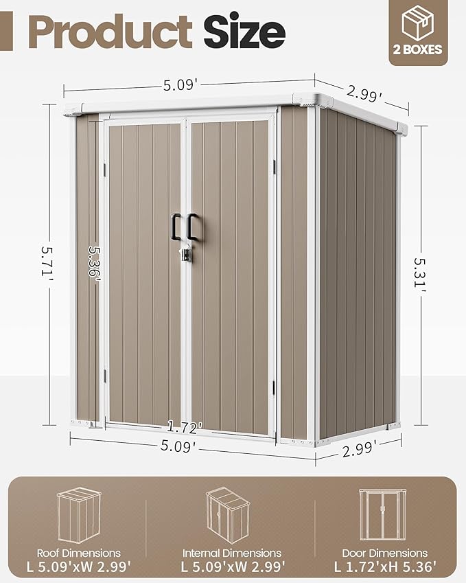 5x3 Resin Garden Sheds & Outdoor Storage on Clearance, Weather-Resistant Plastic Shed with Floor and Lockable Door for Garden Tools, Lawn Mower, Bike, Backyard Organization, Warm Gray
