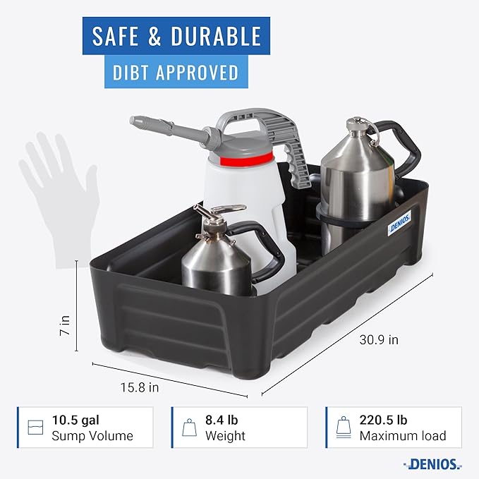 DENIOS® Spill Containment Tray – 10.5 Gallon Capacity, 30.9"X15.8"X7.1", Plastic Industrial Spill Tray for Spill Containment, No Grate, Durable Containment Tray for Safe Liquid Handling